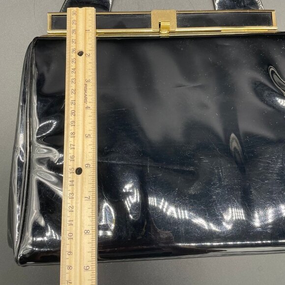 Vintage Black Patent Leather Handbag Gold Tone Memphis Cotton Carnival 1965 Card - Picture 9 of 10